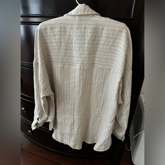 Rebecca King one-of-a-kind sample oatmeal linen stripe button down shirt top - Picture 4 of 10